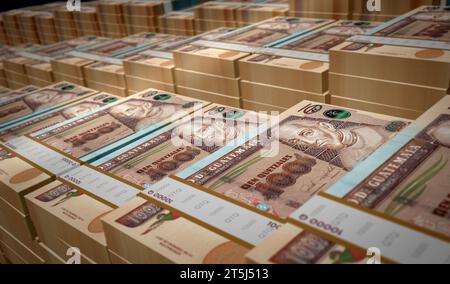 Quetzal Money Printing illustrazione 3D. Stampa di banconote da 100 GTQ. Concetto di finanza, contante, crisi economica, successo commerciale, recessione, banca, tasse e d Foto Stock