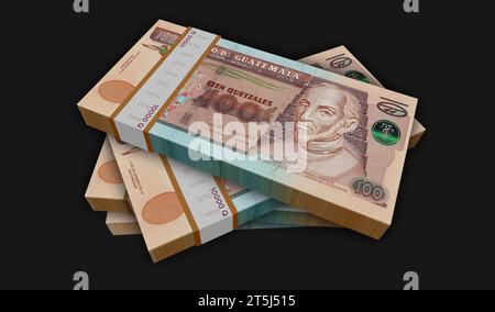 Illustrazione 3d del pacchetto monetario del Guatemala Money quetzal. 100 pile di banconote GTQ. Concetto di finanza, denaro contante, crisi economica, successo commerciale, pausa Foto Stock