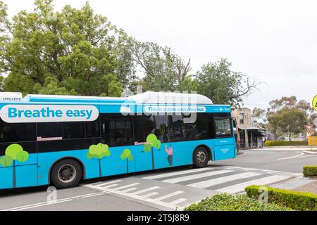 Balmain Sydney, Nero Emissions, autobus di trasporto pubblico su Darling Street in un attraversamento del pellicano, Sydney, NSW, Australia Foto Stock