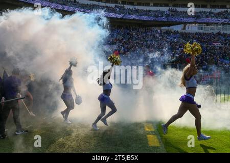 Baltimora, Stati Uniti. 5 novembre 2023. Le cheerleaders dei Baltimore Ravens entrano nello stadio per affrontare i Seattle Seahawks al M&T Bank Stadium di Baltimora, Maryland, domenica 5 novembre 2023. Foto di David Tulis/UPI credito: UPI/Alamy Live News Foto Stock