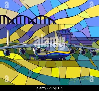 Kiev, Ucraina. Vista con piano. Cargy Aircraft, grafica vettoriale, illustrazione creata dall'artista. Foto Stock