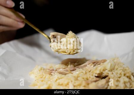 Riso di pollo su imballaggio di carta cibo di strada in Thailandia Foto Stock