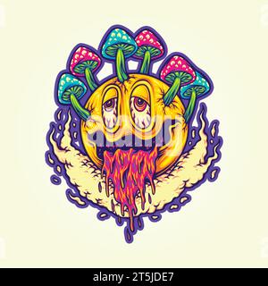 Sorrisi psichedelici funghi magici emoticon felici illustrazioni vettoriali per il logo del tuo lavoro, t-shirt di merchandising, adesivi e disegni di etichette, poster, g Illustrazione Vettoriale