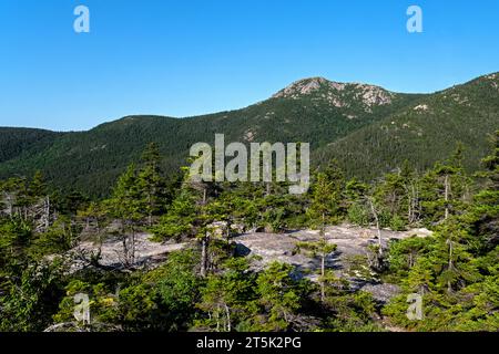 Cima del monte Chocorua in una mattinata di metà estate con Carter's Ledge in primo piano - Albany, New Hampshire, USA. Foto Stock