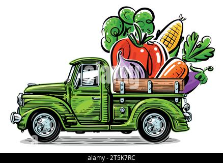 Camion retrò carico di verdure fresche. Cibo biologico agricolo. Illustrazione vettoriale Illustrazione Vettoriale