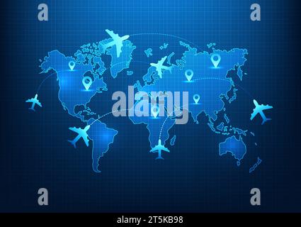 Trasporti e logistica tecnologia aziendale gli aerei sono puntati sulla mappa mondiale per la consegna delle merci. Utilizzando la tecnologia e intelligen artificiale Illustrazione Vettoriale