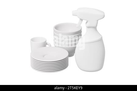 Detergente per cucina Cartoon, lavaggio piatti, rendering 3D. illustrazione 3d. Foto Stock