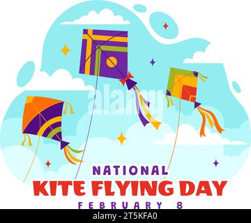 National Kite Flying Day Vector Illustration l'8 febbraio di Sunny Sky background in Summer Leisure Activity in Flat Cartoon background Design Illustrazione Vettoriale