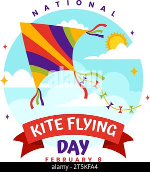 National Kite Flying Day Vector Illustration l'8 febbraio di Sunny Sky background in Summer Leisure Activity in Flat Cartoon background Design Illustrazione Vettoriale