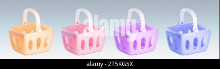 Set 3D di cesti isolati su sfondo trasparente. Illustrazione vettoriale realistica di sacchetti per la spesa in plastica, scatole colorate vuote per l'acquisto di merci, simbolo commerciale per la vendita al dettaglio, icona Aggiungi al carrello online Illustrazione Vettoriale