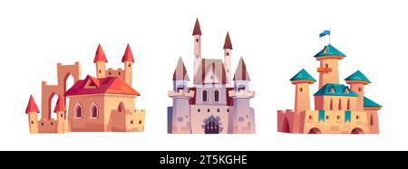 Set di castelli medievali isolati su sfondo bianco. Illustrazione a cartoni animati vettoriali di palazzi da favola con torri, antiche fortezze reali con pareti in pietra, finestre gotiche, barre di ferro sui cancelli Illustrazione Vettoriale
