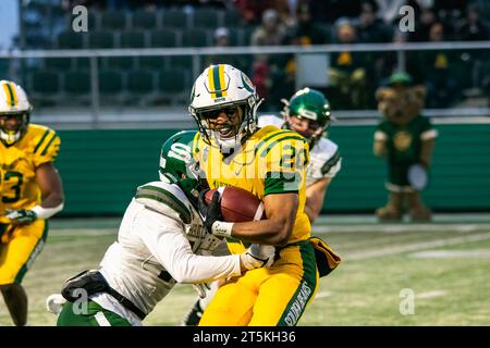 Edmonton, Canada. 4 novembre 2023. (20) Jaxon Hume della University of Alberta Golden Bears tenta di separarsi durante la semifinale di Canwest contro la University of Saskatchewan Huskies. University of Alberta Golden Bears 40:17 University of Saskatchewan Huskies Credit: SOPA Images Limited/Alamy Live News Foto Stock