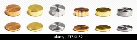 Podi per prodotti cilindrici in metallo di diverse dimensioni e angoli. Set vettoriale 3D realistico di supporti rotondi in oro, argento e bronzo per la dimostrazione delle merci o per premiare il vincitore. Mockup con piattaforma a colonna circolare. Illustrazione Vettoriale
