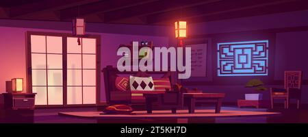 Camera di design in stile cinese in serata con tavolo per la cerimonia del tè sotto la luce di lanterne, porte e finestre, divano e decorazioni tradizionali. Illustrazione vettoriale dei cartoni animati degli interni della casa o della caffetteria. Illustrazione Vettoriale