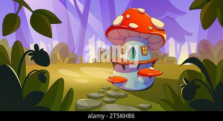 Il paese delle meraviglie della foresta delle fate con la magica casa per gli gnomi o gli elfi fatta di funghi con cappello rosso. Illustrazione vettoriale dei cartoni animati di un paesaggio fantastico con una storia carina o una casa di gioco per i piccoli abitanti. Illustrazione Vettoriale