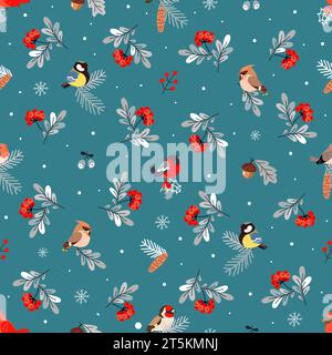 Cartoni animati forestali uccelli invernali modello senza cuciture. Stampa decorativa stagionale in tessuto, sfondo elegante con uccello, rami e coni, oggi Illustrazione Vettoriale