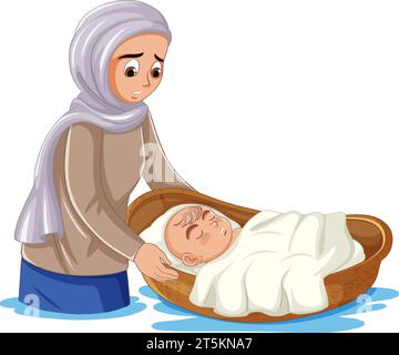 Illustrazione del bambino Mosè che galleggia lungo il fiume Nilo Illustrazione Vettoriale