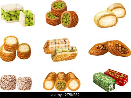 Dolci arabi. Delizioso e gustoso cibo dall'arabo rahat lakoum baklava recente illustrazione vettoriale in stile cartone animato Illustrazione Vettoriale