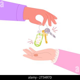 La mano dà la chiave. Concetto di acquisto o affitto di proprietà. Acquisto di auto nuove, cliente e manager. La persona prende le chiavi della casa, la scena di acquisto di razze vettoriali piatte Illustrazione Vettoriale