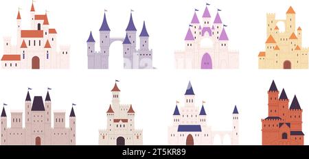 Isolati e pianeggianti castelli medievali. Collezione di fortezze, castello e torri. Case dei re dei cartoni animati, edifici da favola. Fantasy Architecture racy Vector Illustrazione Vettoriale