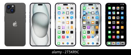 Nuovo iPhone 15 pro nero e grigio. Smartphone Apple inc. Con ios 15. Schermo bloccato, pagina di navigazione del telefono, home page con 47 app più popolari. Backgrou nero Illustrazione Vettoriale