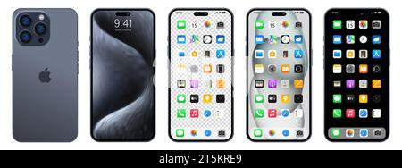 Nuovo iPhone 15 pro nero e grigio. Smartphone Apple inc. Con ios 15. Schermo bloccato, pagina di navigazione del telefono, home page con 47 app più popolari. Backgrou nero Illustrazione Vettoriale