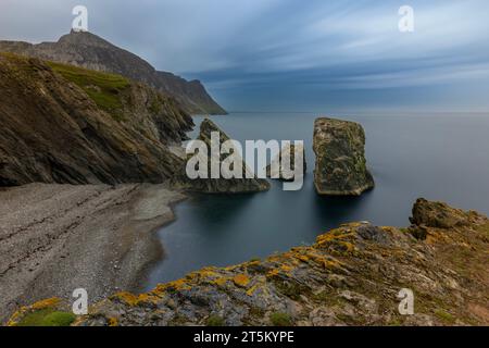 Trefor Sea Stacks sulla costa della penisola di Llyn, Galles del Nord. Foto Stock