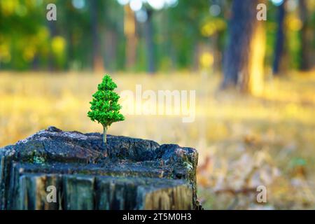 Piccolo albero verde che cresce su un ceppo secco, simboleggia la speranza e la necessità di proteggere le foreste e l'ambiente naturale. Foto Stock