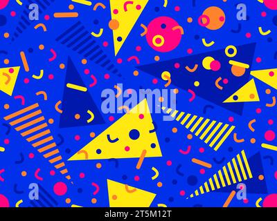 Motivo Memphis senza cuciture con forme geometriche in stile 80s e 90s. Forme geometriche di forme e colori diversi. Progettazione di prodotti promozionali, Illustrazione Vettoriale