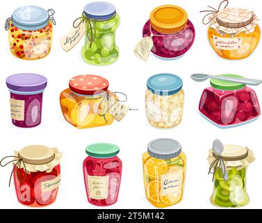 Marmellate fatte in casa. Barattoli di marmellata di frutti di bosco, pane di marmellata, pane tostato, vari stufati, gelatina di frutta, piatto di stagione conserve, set neoterico illustrazione vettoriale del bicchiere da dessert in vaso Illustrazione Vettoriale