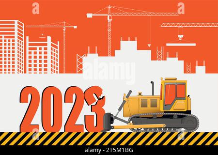 Buon biglietto d'auguri per l'anno nuovo 2024. 2023 battiti del bulldozer in uscita. Illustrazione Vettoriale