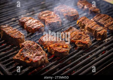 Diversi pezzi di bistecca sfrigolano su una griglia Foto Stock