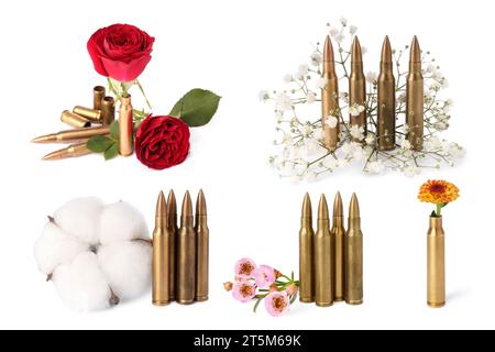 Set di proiettili e bellissimi fiori isolati su bianco Foto Stock