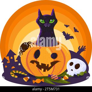 Il gatto nero di Halloween sbircia fuori dalla vergognosa zucca decorata con ossa caramellate ed elementi festivi di Halloween. Oggetti arcani per stregoneria e rituali. Illustrazione Vettoriale