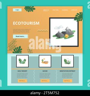 Modello di sito Web ecoturismo flat landing page. Golf resort, safari, rifugio di meditazione. Banner Web con intestazione, contenuto e piè di pagina. Vettore Illustrazione Vettoriale