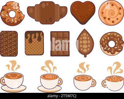 Collezione di tazze da caffè con motivi di schiuma cremosa, ciambelle glassate al cioccolato con spolverini e wafer di cacao. Cibo da dessert. Cibo da cartone animato accarezzato Illustrazione Vettoriale