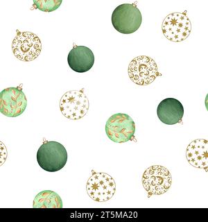 Illustrazione ad acquerello disegnata a mano. Motivo senza cuciture con baule dell'albero di Natale. Colori verde e oro. Per pacchi, biglietti d'auguri, copertine, volantini Foto Stock