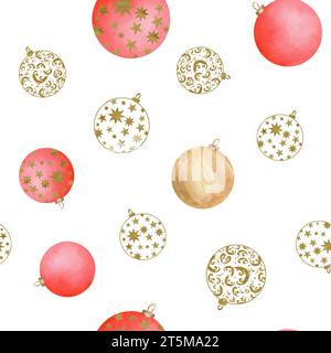 Illustrazione ad acquerello disegnata a mano. Motivo senza cuciture con baule dell'albero di Natale. Colori rosso e oro. Per pacchi, biglietti d'auguri, copertine, volantini. Foto Stock