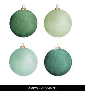 Illustrazione ad acquerello disegnata a mano. Bauble in vetro scuro e verde chiaro per l'albero di natale. Foto Stock