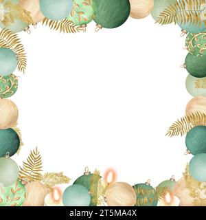 Illustrazione ad acquerello disegnata a mano. Cornice quadrata festosa con baubles in vetro chiaro verde e dorato, felce dorate e candele di illuminazione. Per i poster, gr Foto Stock