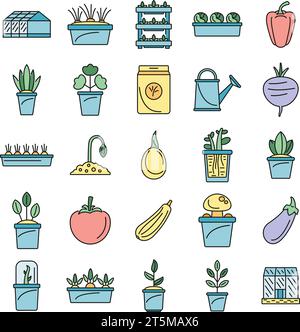Set di icone delle piante a effetto serra. Set di contorni delle icone vettoriali delle piante a effetto serra, linea sottile di colore piatta su bianco Illustrazione Vettoriale