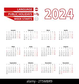 Calendario 2024 in lettone con giorni festivi il paese della Lettonia nel 2024. La settimana inizia da lunedì. Illustrazione vettoriale. Illustrazione Vettoriale