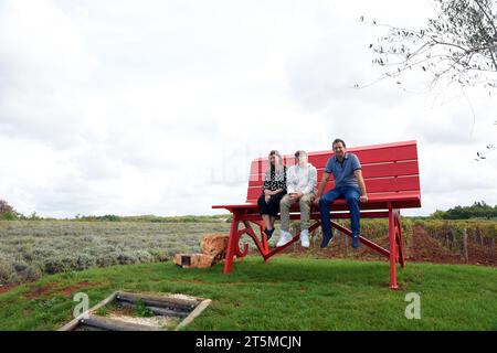 Deklevi, Hrvatska. 21 ottobre 2023. La più grande panchina della Croazia nell'ambito del "Big Bench Community Project" a Deklevi, Croazia, il 21. Ottobre 2023. La panchina è stata posta grazie al giovane Filip Parsuric Bernobic che ha fatto domanda per la "Big Bench Community". La panchina, chiamata Big Bench Deklevi, è la 296a al mondo, è alta 230 cm, lunga 320 cm e situata a 300 metri sul livello del mare. E' di colore rosso come tributo alla terra rossa istriana. Foto: SASA Miljevic/PIXSELL credito: Pixsell/Alamy Live News Foto Stock