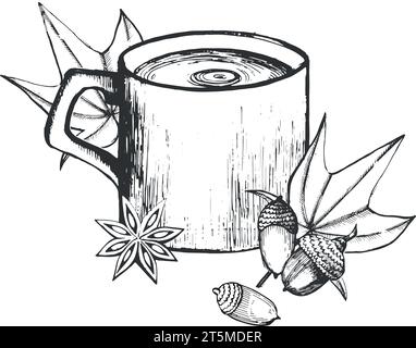 Tazza da tè con stella di cardamomo, foglie di acero, ghiande disegnate in vettore su sfondo bianco, in nero. Adatto per la stampa su tessuti, carta e cucina Illustrazione Vettoriale