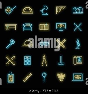 Set di icone degli strumenti per i materiali architetto. Set di contorni delle icone vettoriali dello strumento del materiale ARCHITECT colore neon su nero Illustrazione Vettoriale