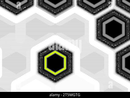 Celle esagonali con diversi livelli di ombreggiatura dei punti della griglia e linee astratte con un esagono giallo circondato da uno spazio bianco ombreggiato con linee di scansione Foto Stock