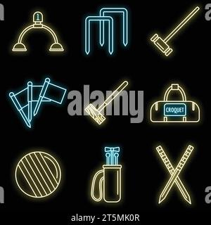 Set di icone dell'apparecchiatura per croquet. Delinea il set di icone vettoriali dell'apparecchiatura per croquet colore neon su nero Illustrazione Vettoriale