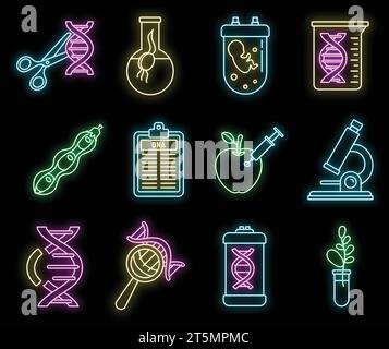 Set di icone per l'ingegneria genetica del DNA. Delinea il set di icone dei vettori di ingegneria genetica del dna colore neon su nero Illustrazione Vettoriale