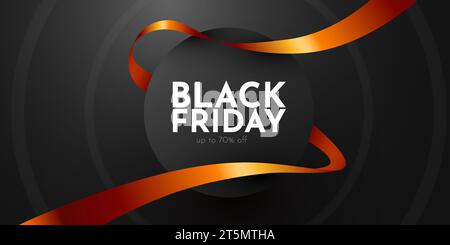 Banner promozionale Premium Black friday. Cornice circolare nera con nastro dorato. Illustrazione vettoriale Illustrazione Vettoriale