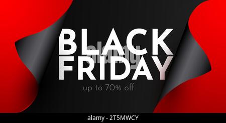 Poster del Black Friday. Nastro rosso con bordi curvi su sfondo nero. Illustrazione vettoriale. Illustrazione Vettoriale